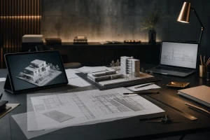 Architectural site appraisal desk with plans, model and 3D massing view.