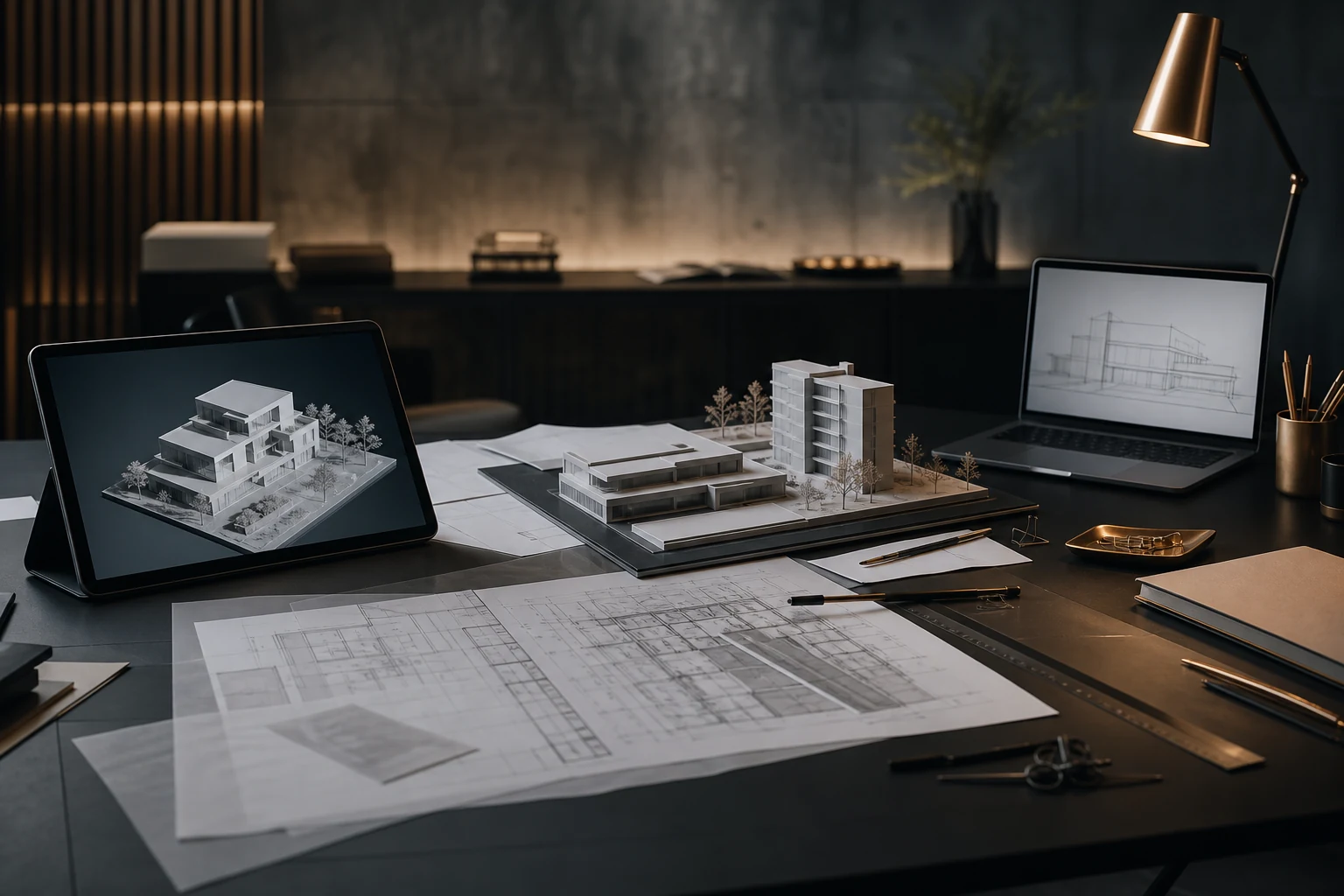 Architectural site appraisal desk with plans, model and 3D massing view.
