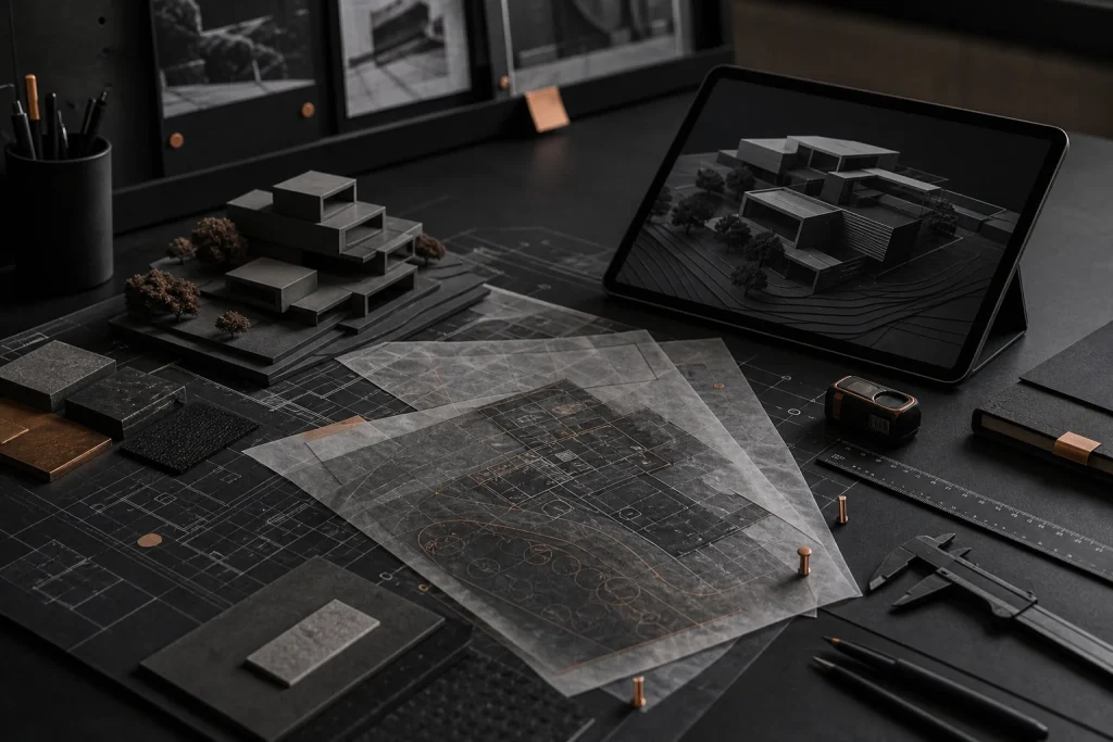 Architectural site appraisal plans, model and tools on a dark studio desk