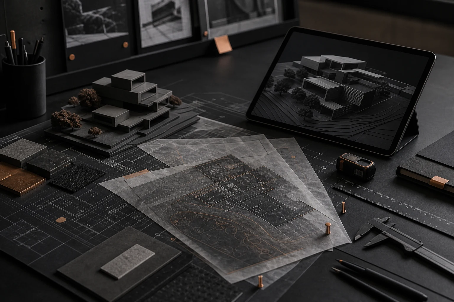 Architectural site appraisal plans, model and tools on a dark studio desk