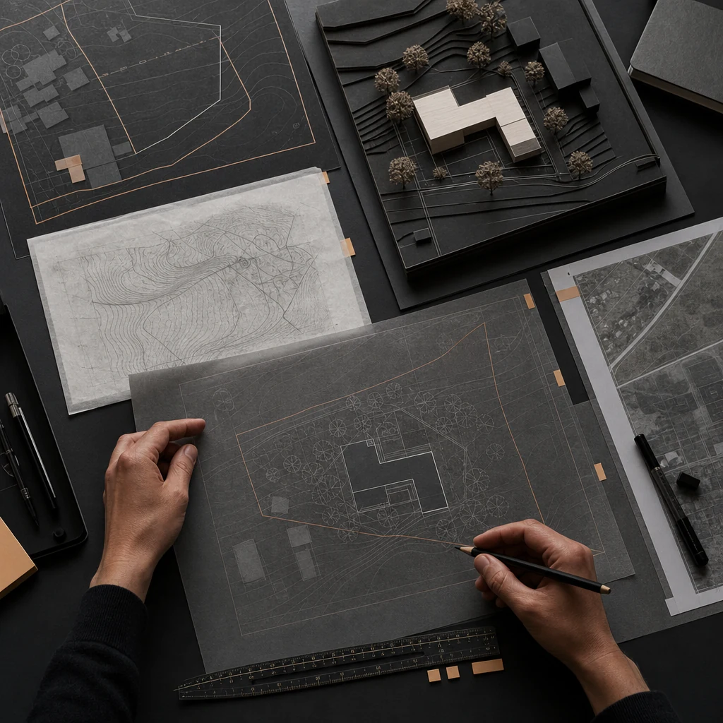 Hands reviewing site appraisal drawings with architectural measuring tools