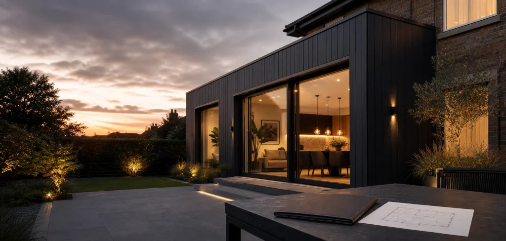 Finished modern home extension with architectural plans and certificate folder.